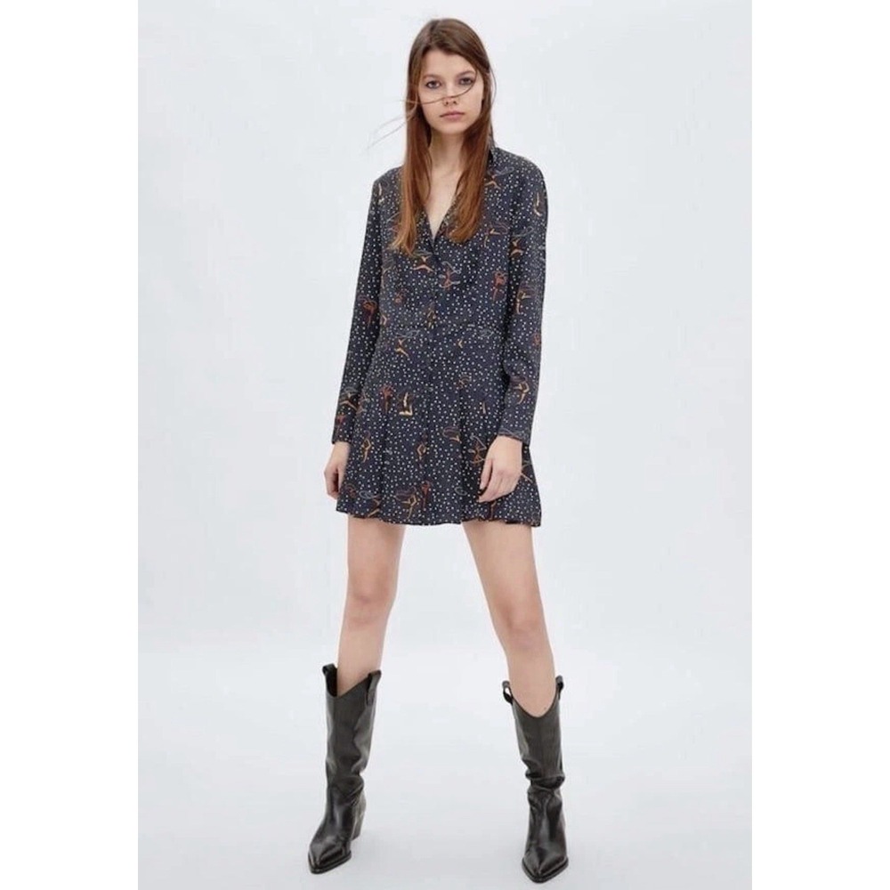 Zara Women's XS Mini Dress Pleated Edge Polka‎ Dot Dancer Dark Ballerina Core